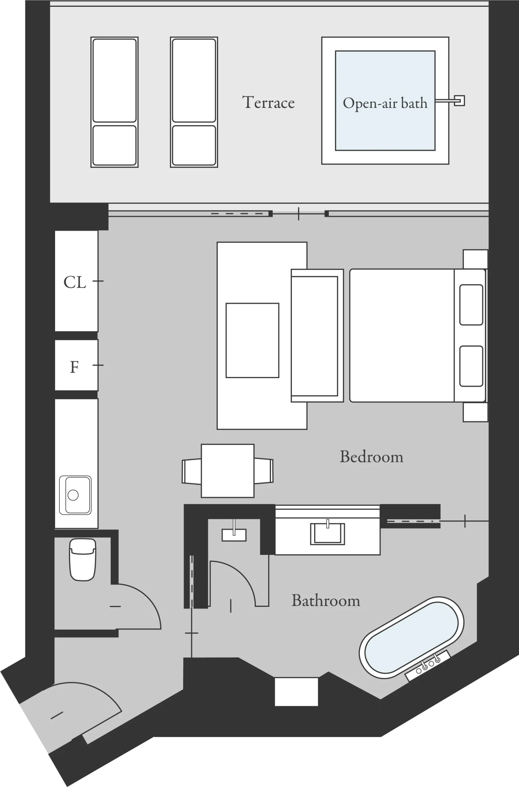 Floor plan of the guest room with bedroom, bathroom, and open-air bath connected to a terrace
