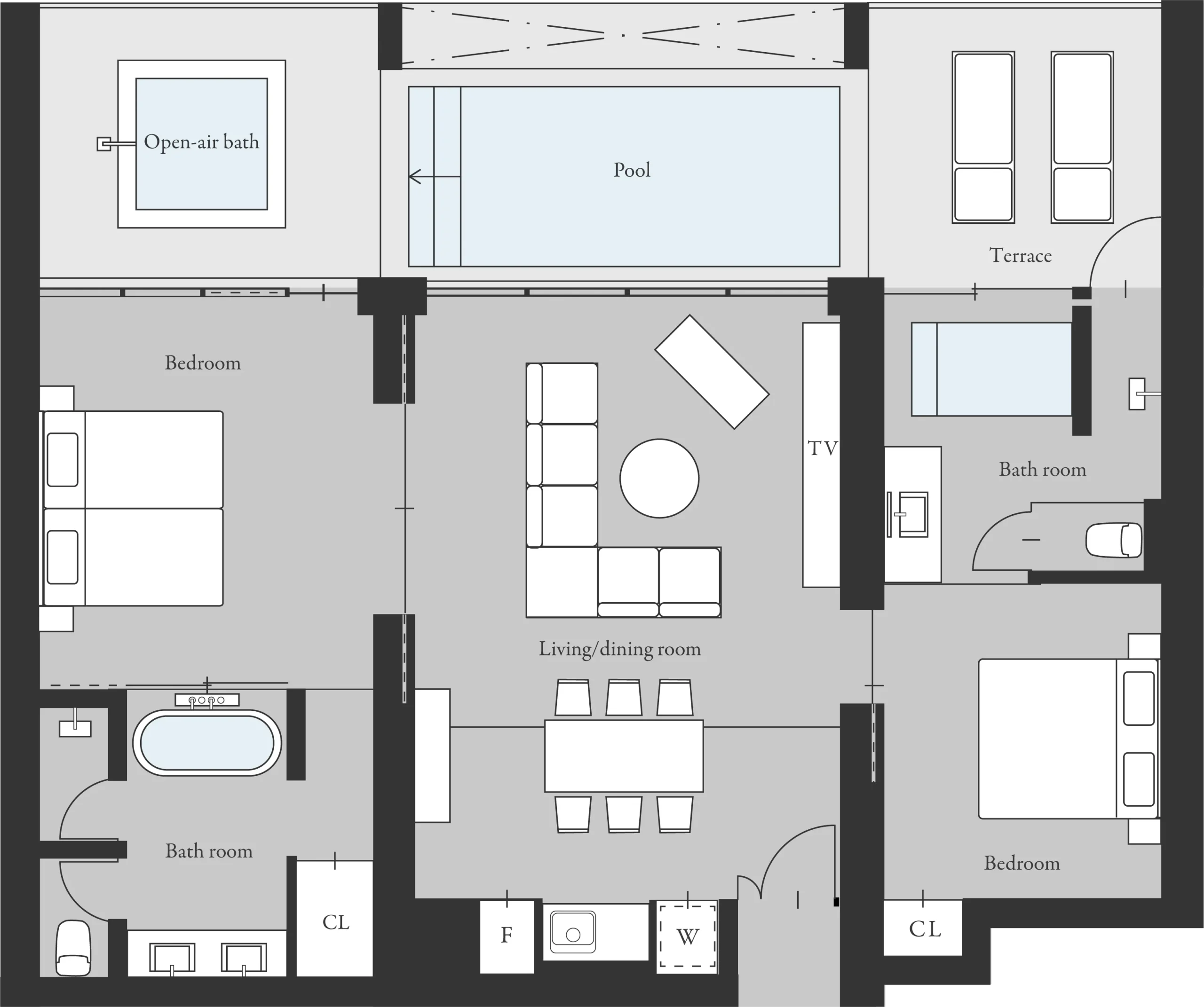 Floor plan showing two bedrooms, living and dining area, terrace with pool, and open-air bath.