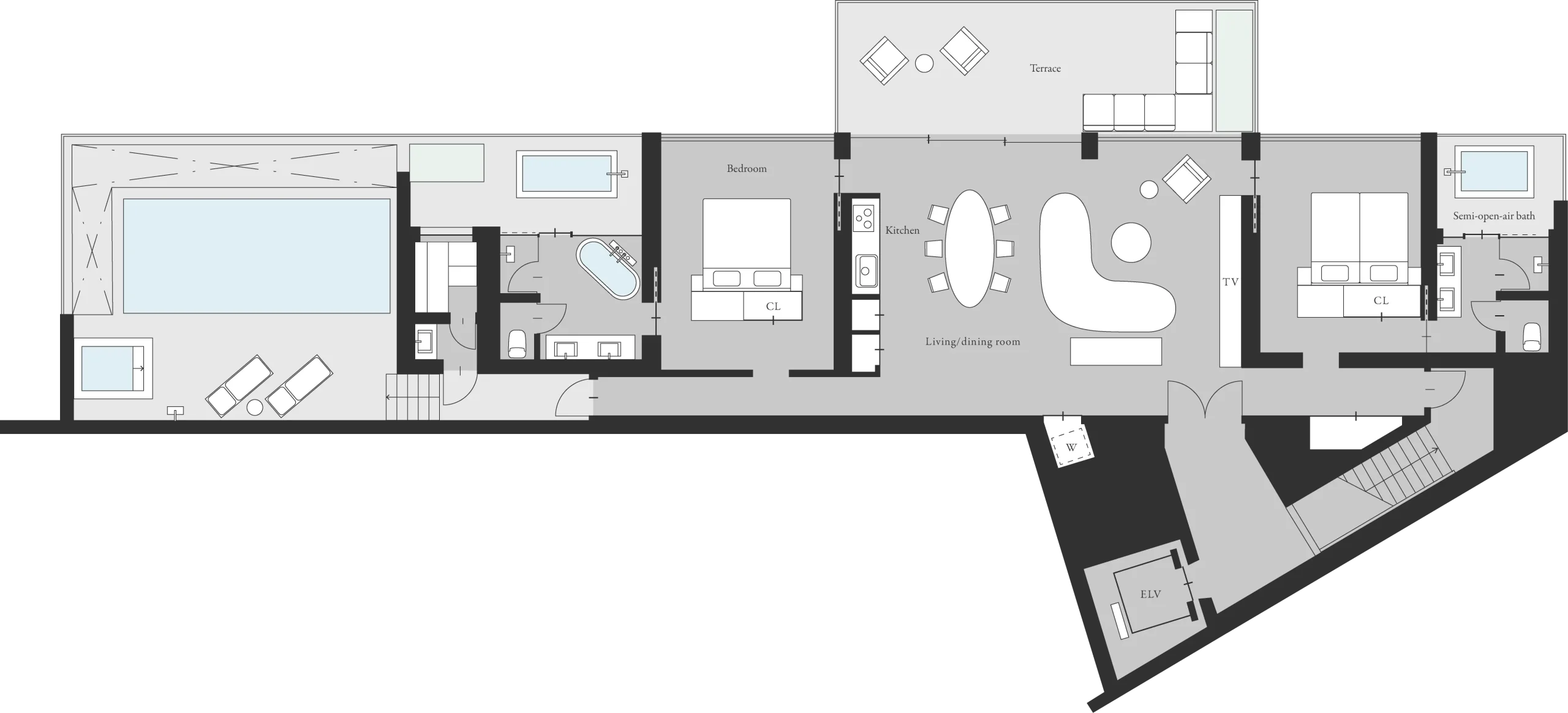 Floor plan of the suite featuring two bedrooms, living and dining area with kitchen, terrace with private pool, sauna, cold bath, and semi open-air baths.