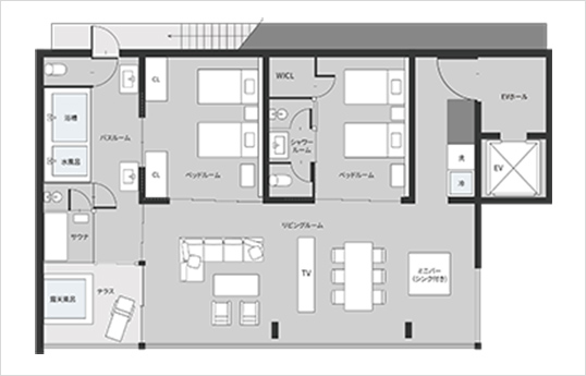 画像：リビングルーム（シンク付きミニバー・冷蔵庫・洗い場あり）、ベッドルーム２部屋（内１部屋はシャワールーム付き）、バスルーム（浴槽＆水風呂＆サウナあり）、テラス（露天風呂あり）の間取り図。